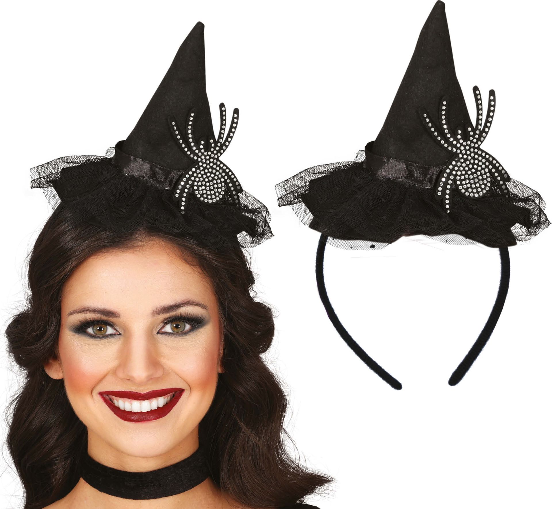 Zwarte Mini Heksenhoedje Haarband met Spin