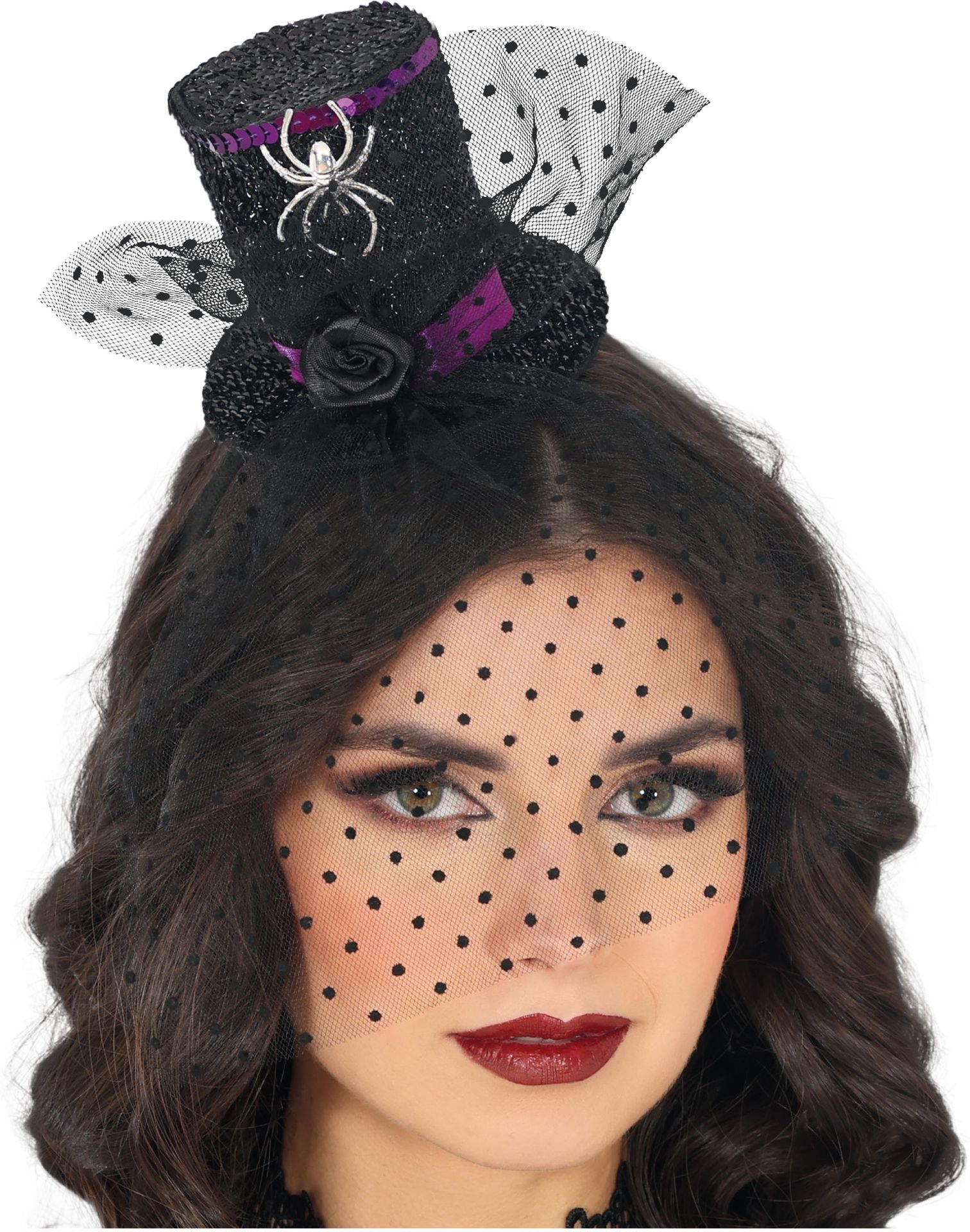 Zwarte Minihoed met Spin en Sluier Halloween