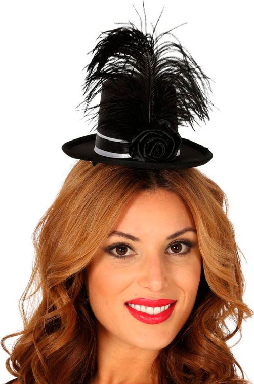 Zwarte Minihoed met Veren en Roos