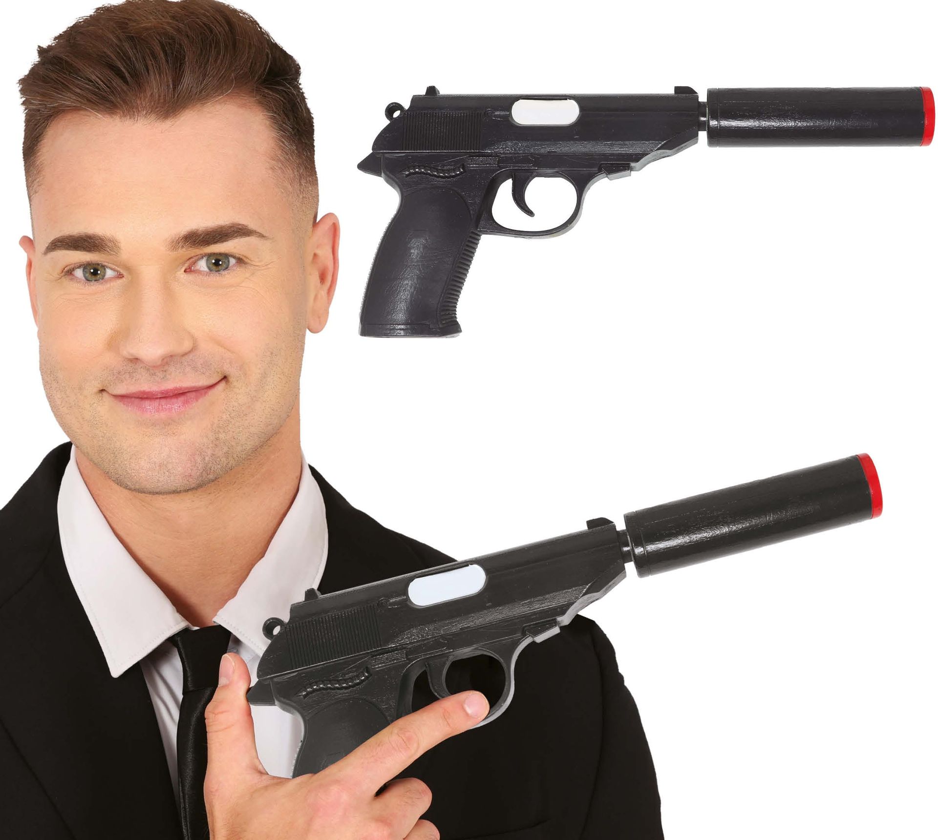 Zwarte Nep Pistool met Demper 25cm
