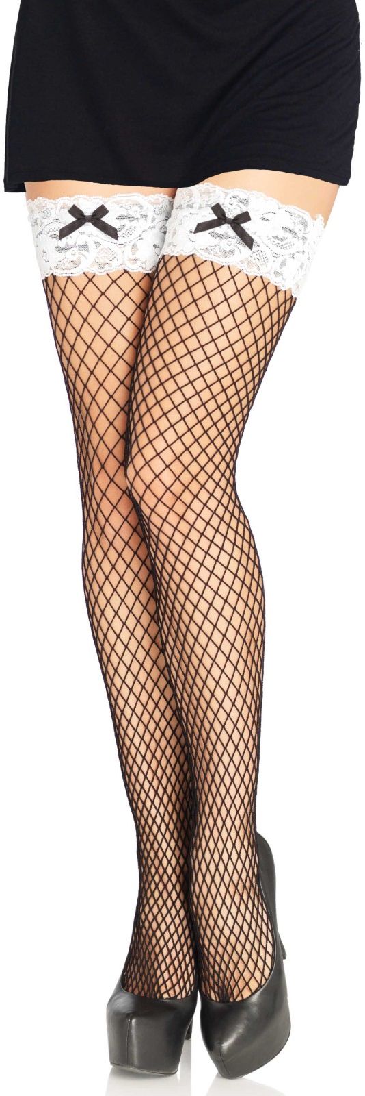 Zwarte Netkousen met Witte Kanten Top met Strik
