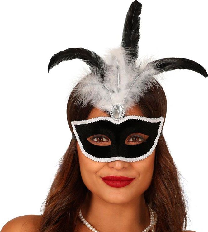 Zwarte Pailletten Oogmasker met Veren