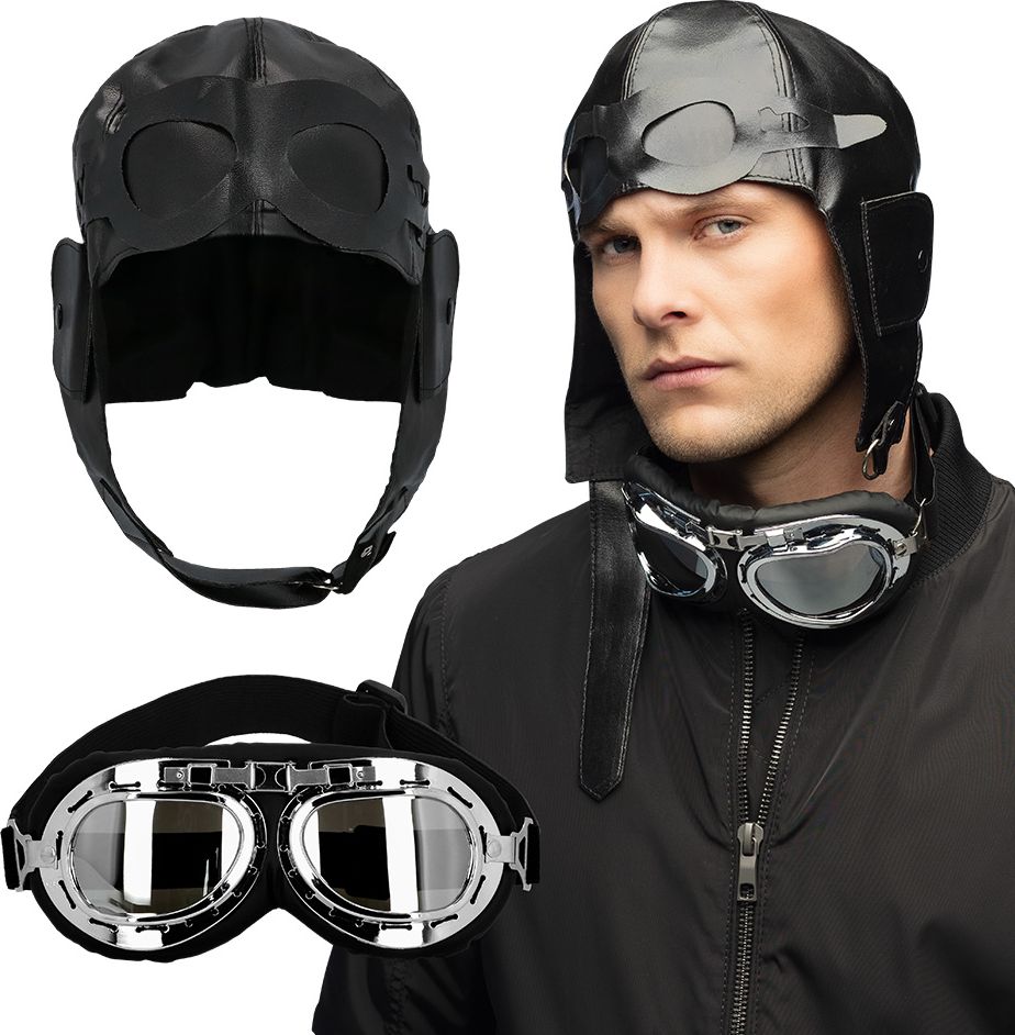 Zwarte Retro Piloot Accessoireset Pet/Helm en Bril
