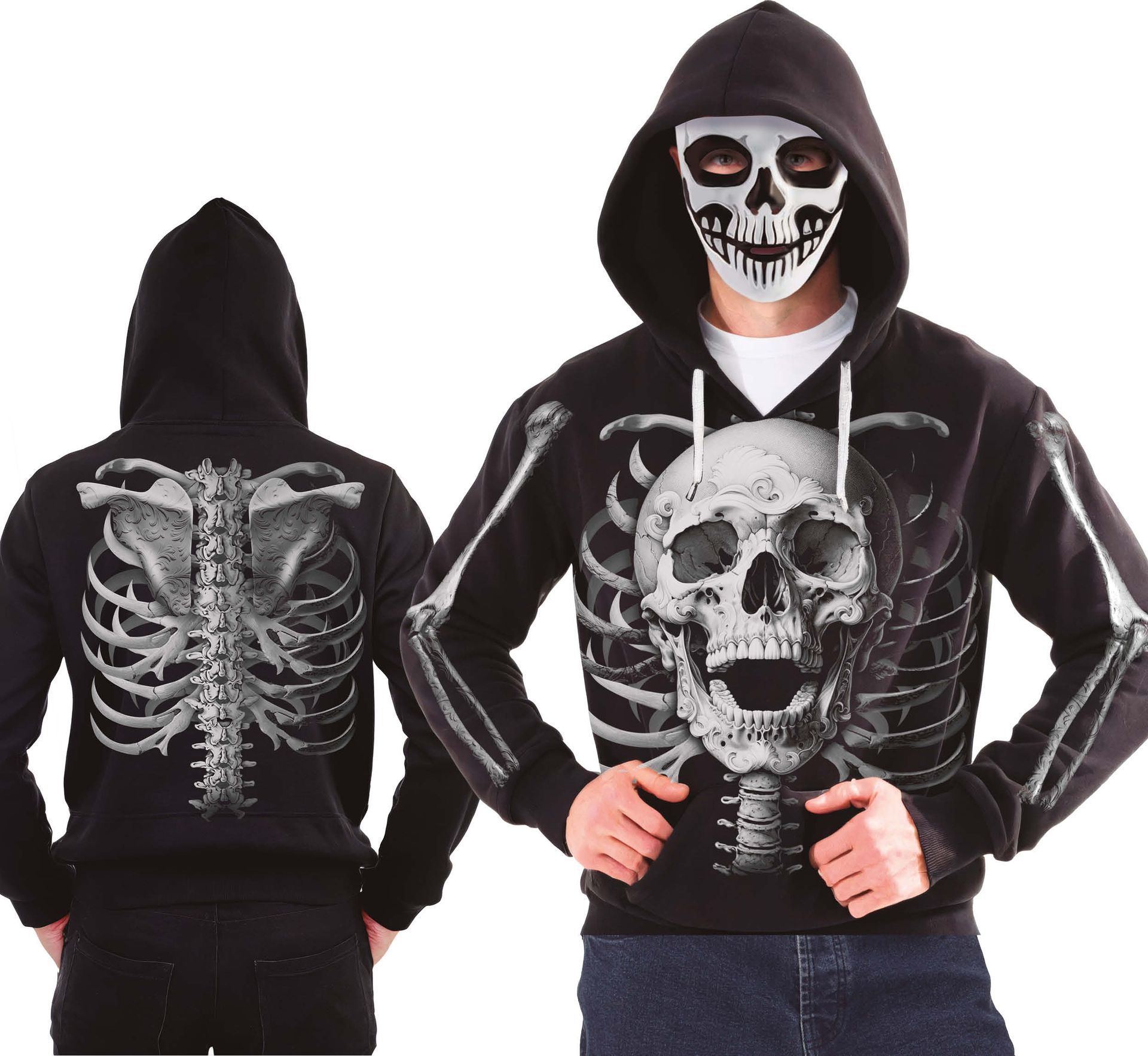 Zwarte Schedel Hoodie met Masker Halloween