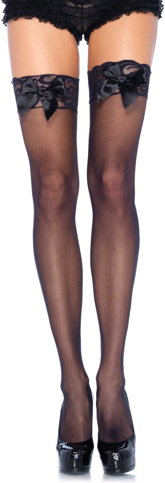 Zwarte Transparante Kousen met Strik en Kanten Top