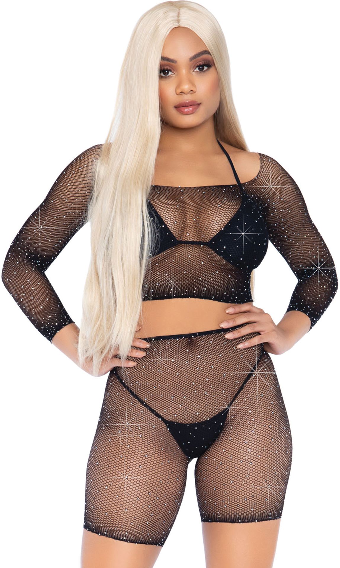 Zwarte Visnet Crop Top en Shorts