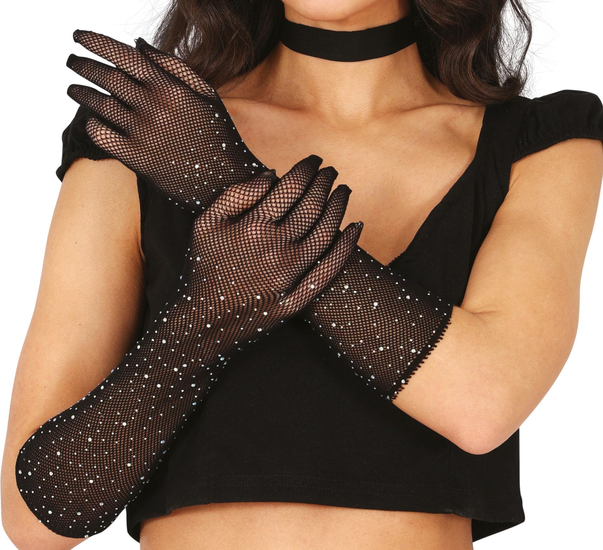 Zwarte Visnet Handschoenen Rijnstenen 30cm Dames