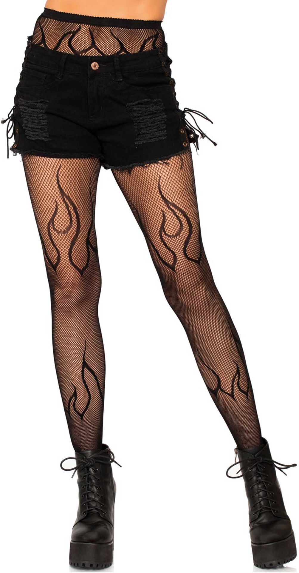 Zwarte visnet panty met vlam details