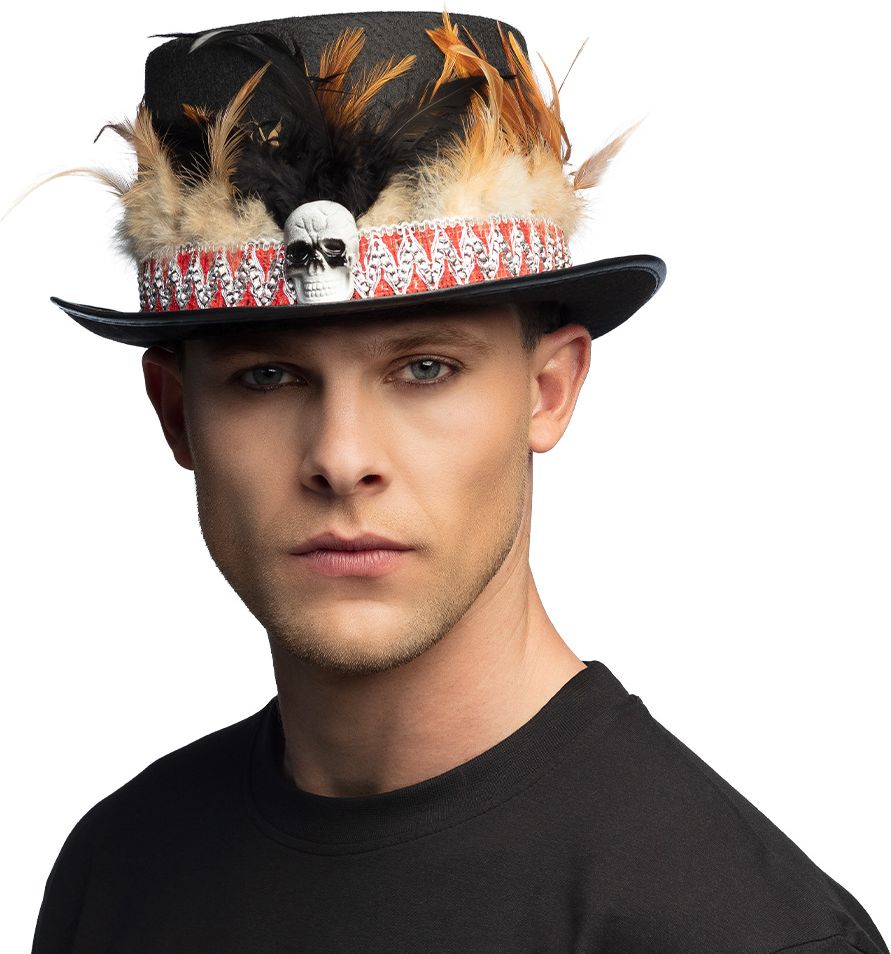 Zwarte Voodoo Hoed met Schedel en Veren